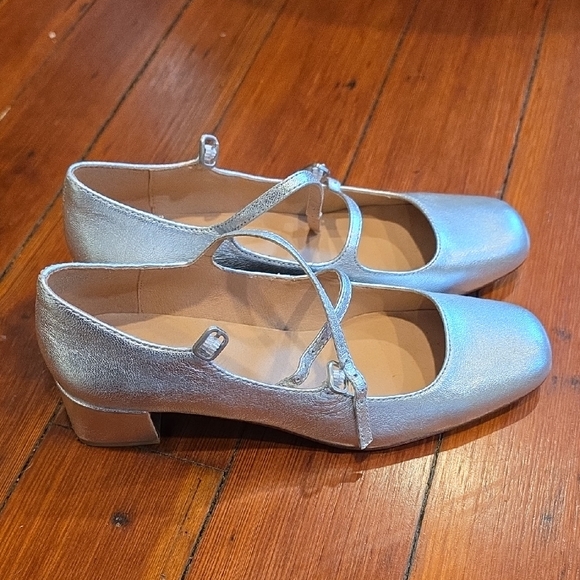 Madewell Shoes - Madewell Silver Metallic Mary Jane Flats with Low Block Heel